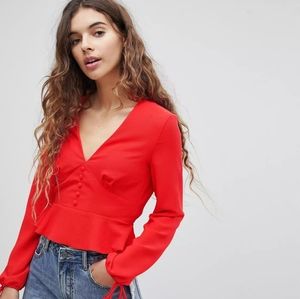 Miss Selfridge Button Down Tie Sleeve Blouse Red NWT